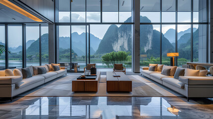 Fototapeta premium luxurious modern style living room with floor-to-ceiling windows and beautiful scenery outside the window of Liark Mountain in Chinese mountains