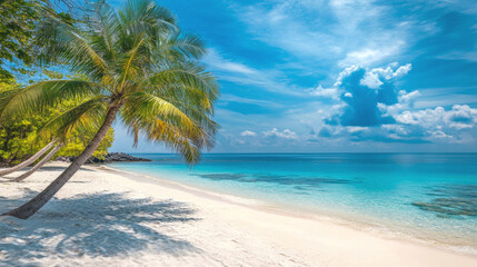 Tropical sea beach scene with clear turquoise water, white sandy shore and palm trees under a bright blue sky on a sunny day