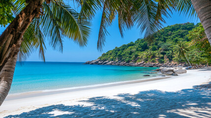 Tropical sea beach scene with clear turquoise water, white sandy shore and palm trees under a bright blue sky on a sunny day