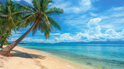 Tropical sea beach scene with clear turquoise water, white sandy shore and palm trees under a bright blue sky on a sunny day