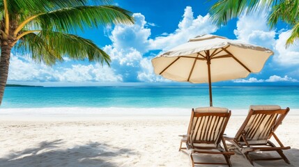 Tropical sea beach scene with clear turquoise water, white sandy shore and palm trees under a bright blue sky on a sunny day
