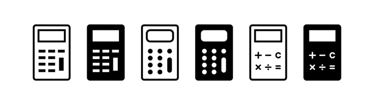 Calculator icon set. Black color outline or solid icon on white background.