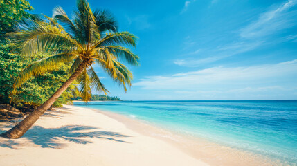 Tropical sea beach scene with clear turquoise water, white sandy shore and palm trees under a bright blue sky on a sunny day