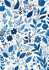Pattern of Small White Leaves and Dots with Navy Blue Accents on White Background