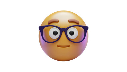 A 3D render of the "nerd face" emoji, featuring large glasses and a neutral expression