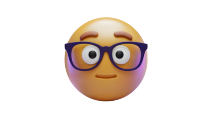A 3D render of the "nerd face" emoji, featuring large glasses and a neutral expression