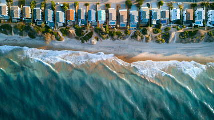 Colorful coastal cottages in neat rows along a sandy beach under a clear blue sky.