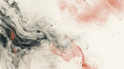 Obraz premium Red and black ink swirling patterns on white background with splattered dots