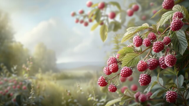 A whimsical illustration of a raspberry bush transforming into a magical gateway.