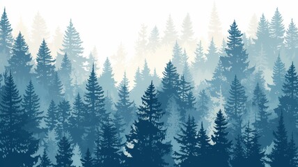 Fototapeta premium Seamless Pine Forest Pattern with Gradient from Light Gray to Dark Blue on White Background