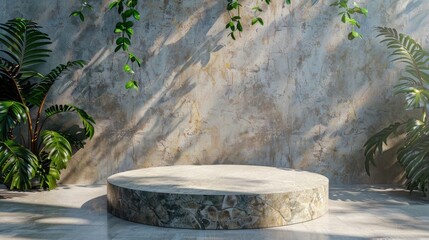 Round stone podium with top view for product placement, with copy space.