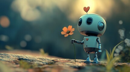 A small robot holding a flower in a field.