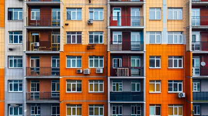 Fototapeta premium Rows of identical holiday apartments in a tourist destination with palm trees and blue skies.