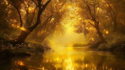 Enchanting forest bathed in warm evening glowtime, soft light reflecting on water, peaceful atmosphere, magical natural beauty with golden hues and mystical mist
