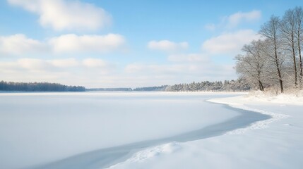 Drifting snow across a frozen lake, winter weather, cold and desolate