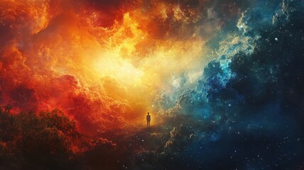 Fototapeta premium A majestic cosmic landscape with vivid colors blending in the sky, creating an ethereal atmosphere and a sense of wonder.