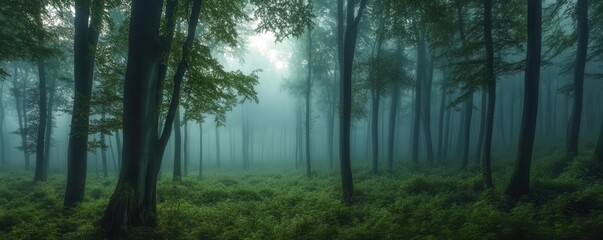 Morning mist rolling through a dense forest, foggy weather, mysterious ambiance