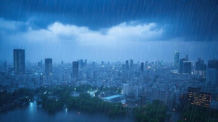 Fototapeta premium Sudden downpour soaking an urban landscape, wet weather, city in the rain