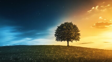 Contrast between day and night, bright skies turning to twilight, symbolic representation of time, nature's balance of light and dark, harmony through difference