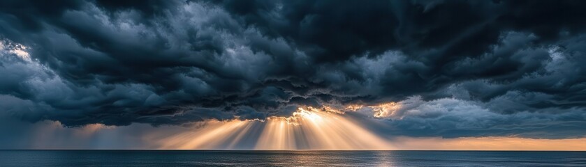 Obraz premium Sun rays breaking through dark storm clouds over the ocean, dramatic weather, hope after the storm