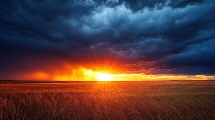Sun setting behind a line of thunderstorms on the horizon, dramatic weather, contrast of light and dark