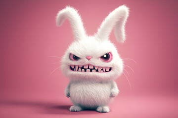 Fototapeta premium A cute, white, fluffy rabbit with pink eyes and sharp teeth looks angry with a pink background.