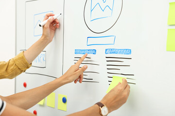Developing UI design. Women drawing website wireframe on whiteboard indoors, closeup