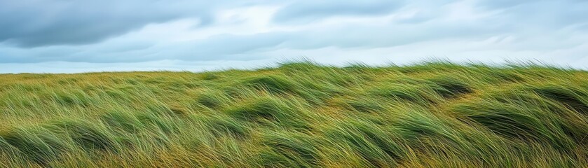Wind sweeping across an open field, bending tall grass, breezy weather, dynamic motion
