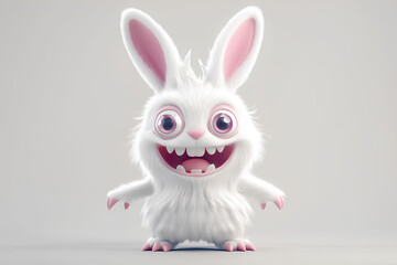 Fototapeta premium A cute white cartoon bunny with big eyes and a toothy grin stands on a white background.