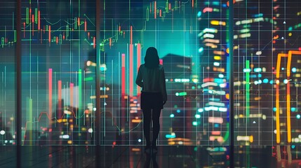 Woman views financial data and city skyline through window. Suitable for finance and business concepts in urban setting. Skyline reflection.