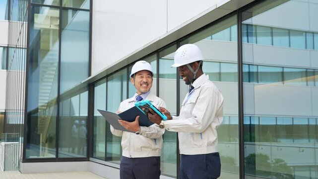 Group of multinational engineers inspecting a building