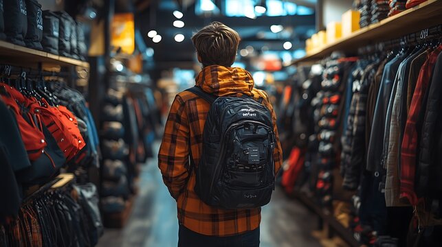 Shoppers grabbing clothes from racks, shelves filled with shoes, and discount signs hanging in a fashion store during Black Friday 