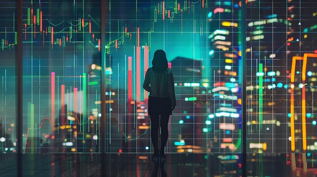 Woman views financial data and city skyline through window. Suitable for finance and business concepts in urban setting. Skyline reflection.