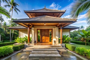 Fototapeta premium Modern main entrance door, bali villa style at forest with blue sky background.
