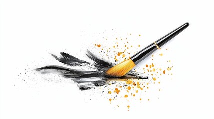 Close-up of a black and gold paintbrush creating dynamic strokes and splatters on a white background.