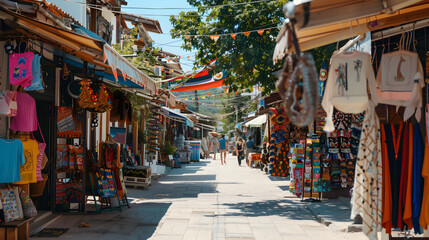 Obraz premium Rows of colorful souvenir shops lining a crowded tourist street, filled with trinkets and gifts.