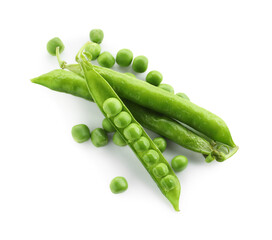 Green fresh peas and pods isolated on white, top view