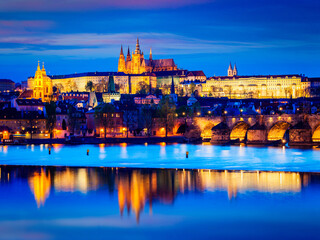 View of Charles Bridge and Prague Castle in twilight