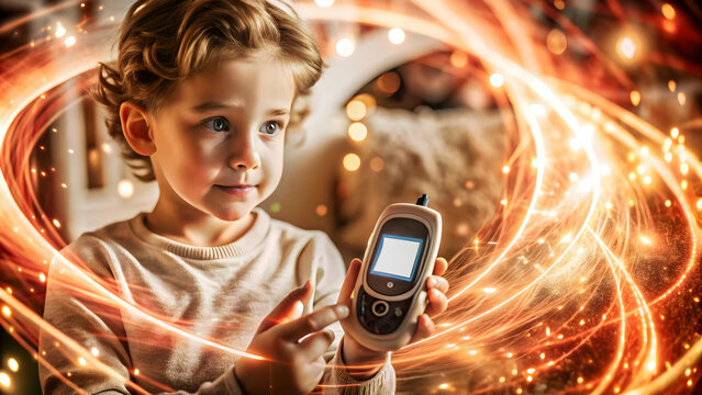 3D Glowing Digital Art of a Diabetic Child with Glucose Meter on World Diabetes Day | Vibrant Abstract Background & Neon Effects