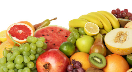 Many fresh ripe fruits isolated on white