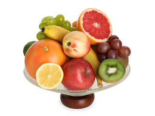 Glass vase with different fresh fruits isolated on white
