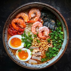 Delicious Ramen Noodles with Shrimp  Egg  and Green Onions