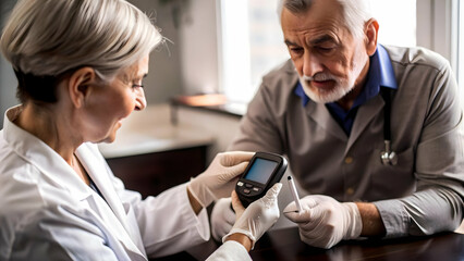Obraz premium 3D Healthcare Professional Caring for Diabetic Patient: Glucometer Blood Sugar Check, Trust and Care on World Diabetes Day Icon