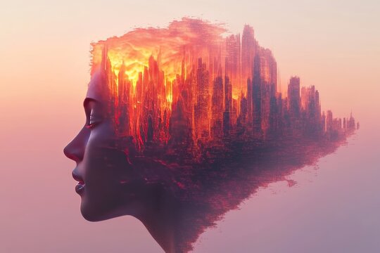 Cognitive productivity Brain Vision Futuristic conceptual portrait of a person&rsquo;s head morphing into city skyline symbolizing urbanization innovation and the intersection of technology and humanity