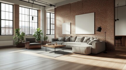 Fototapeta premium Modern living room with large windows, stylish furniture, and plants, creating a bright and inviting atmosphere.