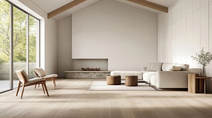 Fototapeta premium Modern living room featuring minimalist furniture, large windows, and natural light, creating a serene and stylish atmosphere.