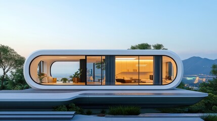 Modern Eco-House with Curved Glass Walls and Floating Design Integrated into Nature's Harmony