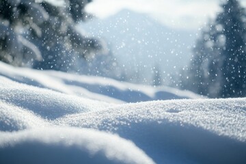 Fototapeta premium Snowy landscape with soft snowdrifts and gentle falling snow, set against a blurred background of winter trees and a cloudy sky