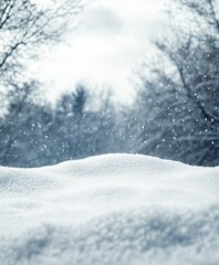 Fototapeta premium Snowy landscape with soft snowdrifts and gentle falling snow, set against a blurred background of winter trees and a cloudy sky