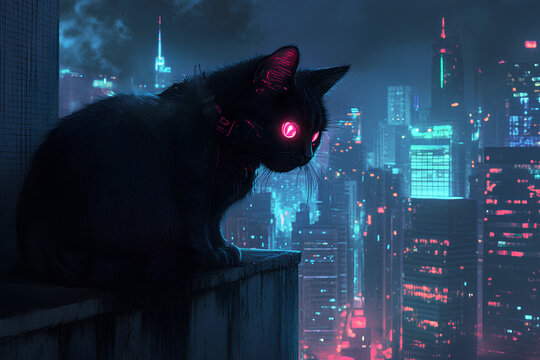 A black cat with glowing red eyes sits on a rooftop overlooking a futuristic cityscape at night.